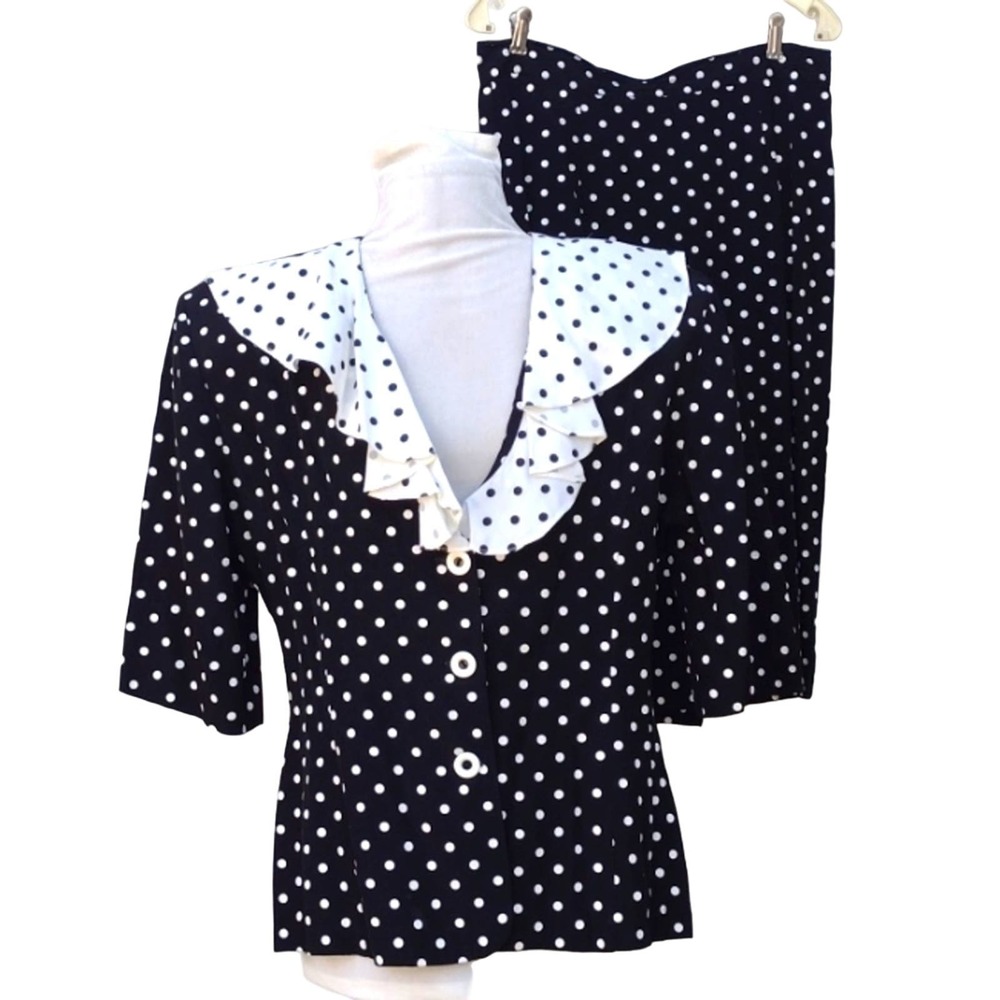 IF... California Vintage Black White Polka Dot Blouse Skirt Set Women's Large